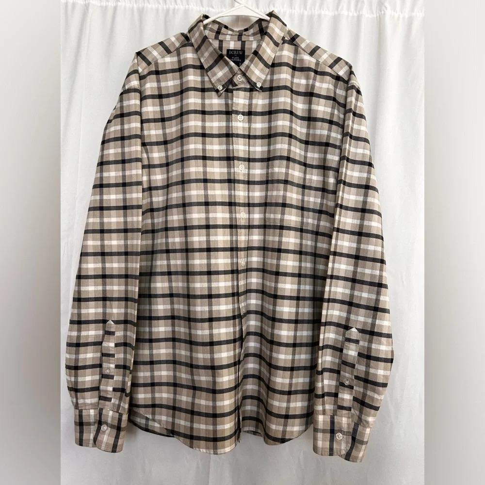 J. Crew Flex Oxford Button-Up Shirt Plaid Long Sleeve 100% Linen Size XL